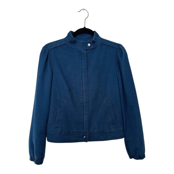 Gap Moto Jacket Mock Neck Zip Up Long Sleeve Linen Blend Blue Womens Small - Picture 1 of 13